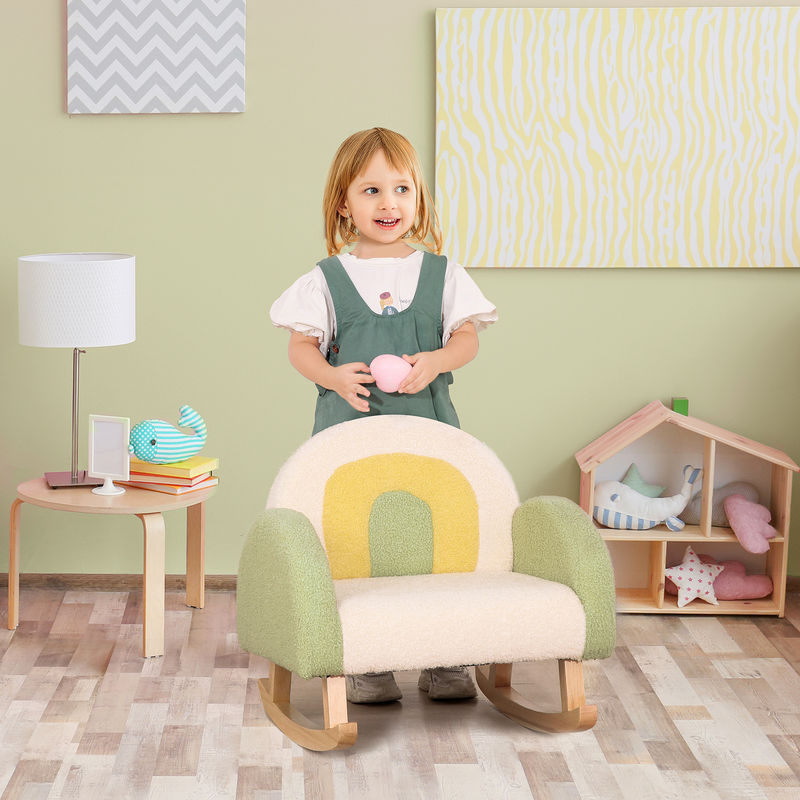 HOMCOM Schaukelstuhl Kindersofa aus Eukalyptusholz mit Lammfellimitat in Grün - Bild 2