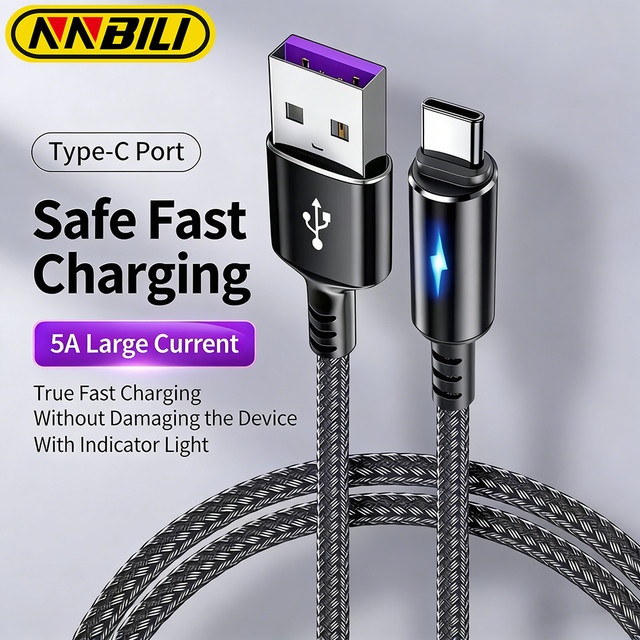 NNBILI USB-A auf USB-C Kabel mit LED-Anzeige, 5A Schnellladekabel und Datenkabel in Schwarz - Bild 1