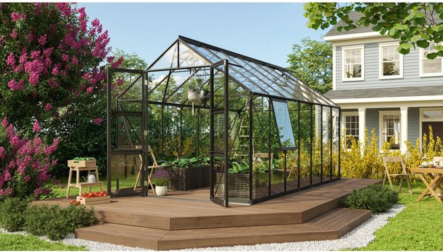 Vitavia Gewächshaus Olymp 11500 in Schwarz mit Sicherheitsglas, Aluminiumrahmen, Fundament und Regenrinnen, 11,5 m² - Bild 1