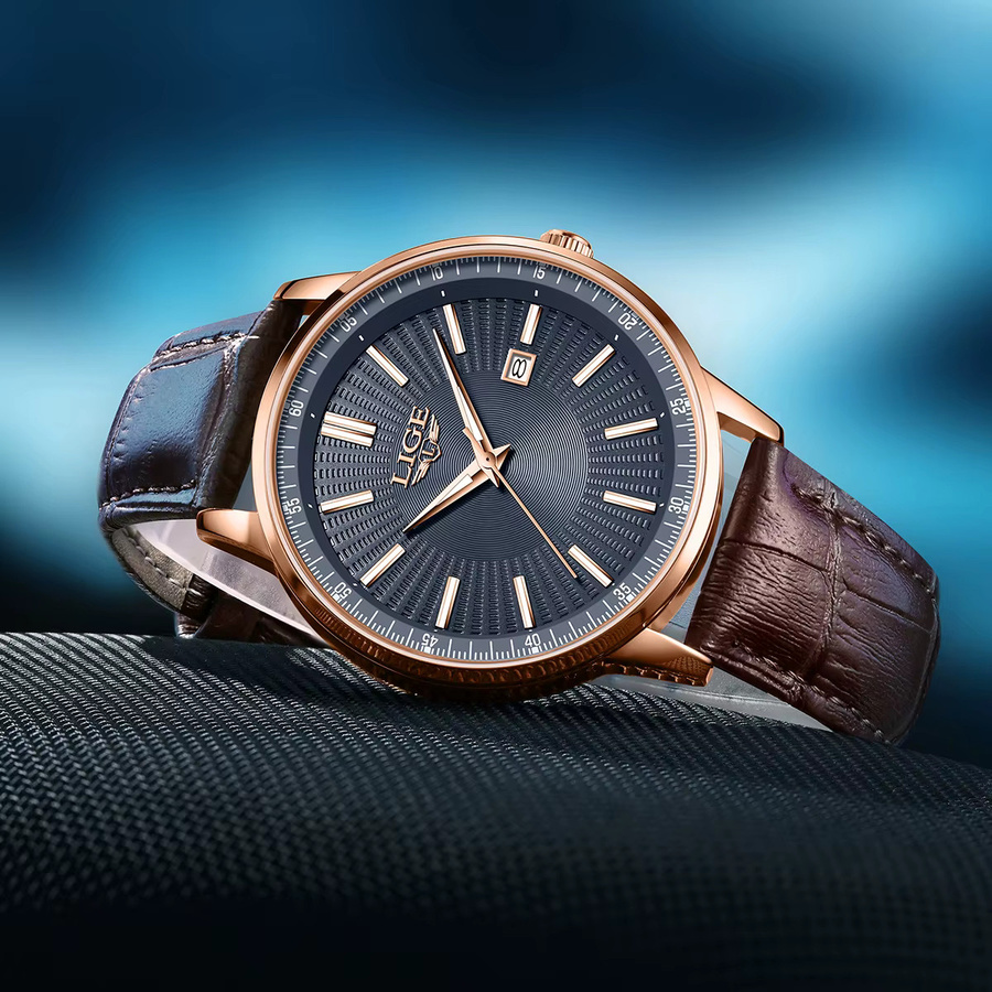 LIGE Armbanduhr Quarz, Leder, Schwarz, Roségold, Herren - Bild 4