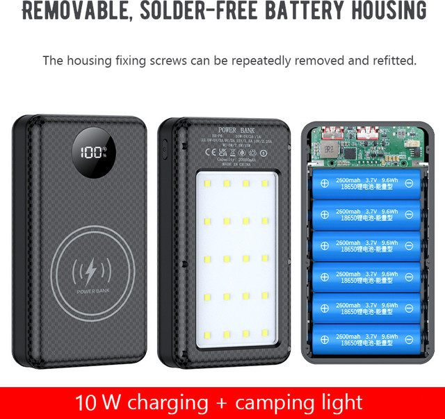 AICSRAD Powerbank Gehäuse für 6 18650 Batterien mit Dual USB und Typ C sowie Camping-Licht in Schwarz - Bild 1