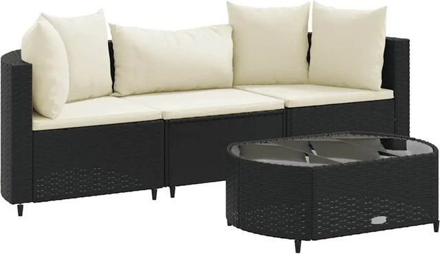 vidaXL 4-tlg. Garten-Sofagarnitur in L-Form aus Poly-Rattan mit Kissen und Couchtisch, Schwarz - Bild 1