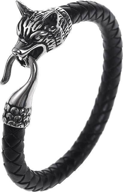BEE BoBo Armband, Edelstahl, Echtleder, Wolfskopf, Herren, 19 cm, grau - Bild 1