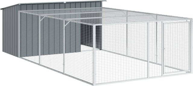 Wetterfeste Hundehütte mit Auslauf von Yiwydaa in Anthrazit aus verzinktem Metall, B/T/H: 396 x 197 x 110 cm - Bild 1