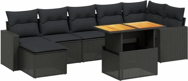 vidaXL 8-teilige Garten-Sofagarnitur in L-Form aus schwarzem Poly-Rattan mit Kissen und Akazienholz - Bild 1