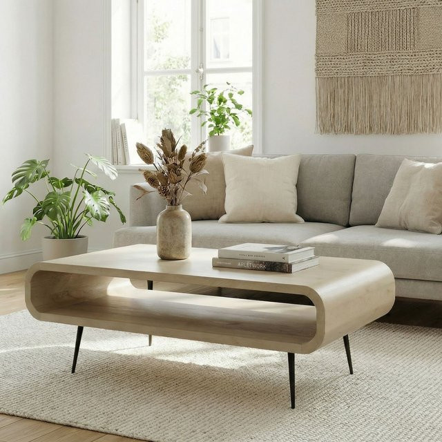 Finebuy Couchtisch aus Massivholz in White Wash mit Mid-Century-Look, rechteckig, Breite: 90 cm - Bild 1