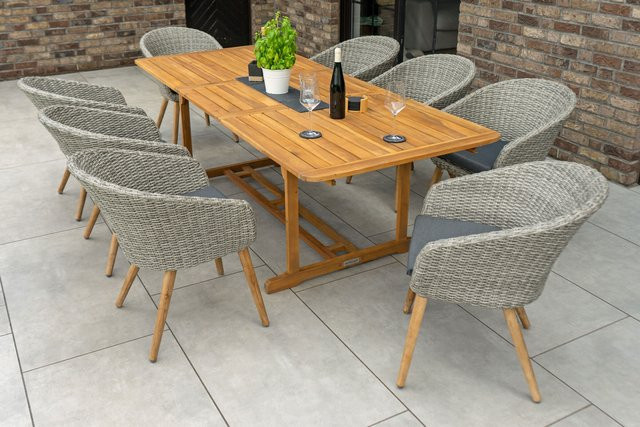 OUTFLEXX Kota Garten-Essgruppe aus Akazie, Polyrattan und Aluminium in Grau/Natur mit Ausziehtisch und 8 Cocktail-Sesseln, FSC-zertifiziert, Tisch B: 180-240 cm, T: 100 cm, Sessel B: 60 cm, T: 65 cm - Bild 1