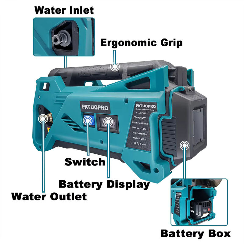 PATUOPRO Akku-Bewässerungsmaschine elektrische Wasserpumpe für Makita 18 V Akku in Türkis mit 20 m Schlauch - Bild 2