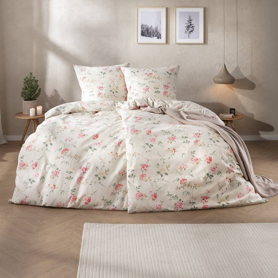Estella Corvara Flanell Bettwäsche Samt und Seide Rosen Leinen Weiß B/H: 135 x 200 cm - Bild 1