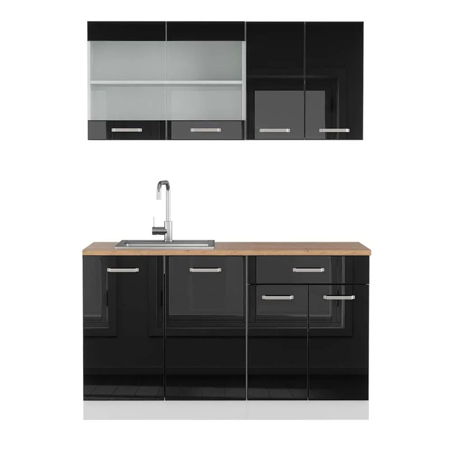 Vicco R-Line Singleküche modern in Schwarz Hochglanz und Weiß mit Eiche, Breite: 140 cm - Bild 2