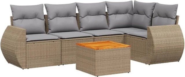 vidaXL 6-teilige Garten-Sofagarnitur in L-Form mit Kissen und Couchtisch, Beige, Poly-Rattan mit pulverbeschichtetem Stahlgestell - Bild 1