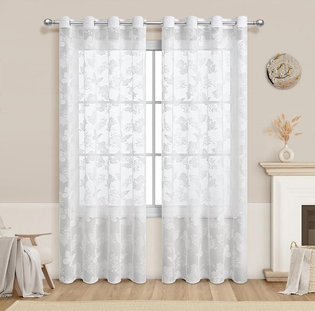 Transparenter Vorhang mit Schmetterlings- und Blumenmuster in Weiß, B/H: 100 x 200 cm - Bild 1