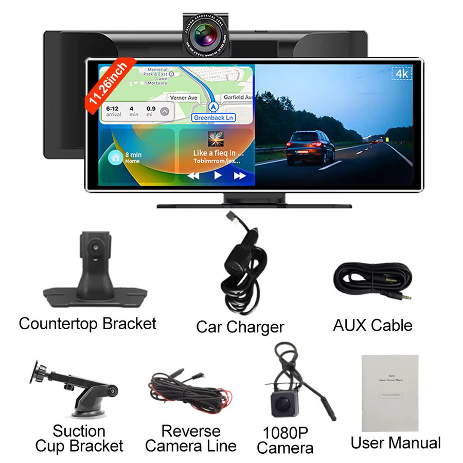 MicroData Wireless Carplay 4K DVR mit 11,26 Zoll HD Touchscreen und Dual-Kamera in Schwarz - Bild 6