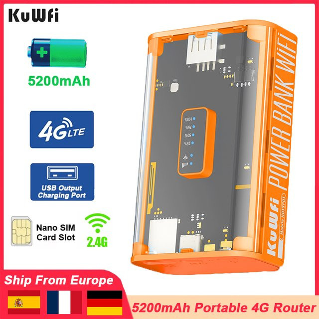 KuWFi 4G Mobile Router mit 5200 mAh Akku, 150 Mbit/s, 2,4 GHz WLAN, USB-C und Nano-SIM-Slot, Orange - Bild 1