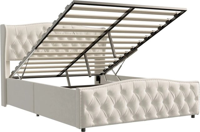 PXloue Polsterbett mit Stauraum aus Samt in Beige, B/T/H: 160 x 200 x 111 cm - Bild 1