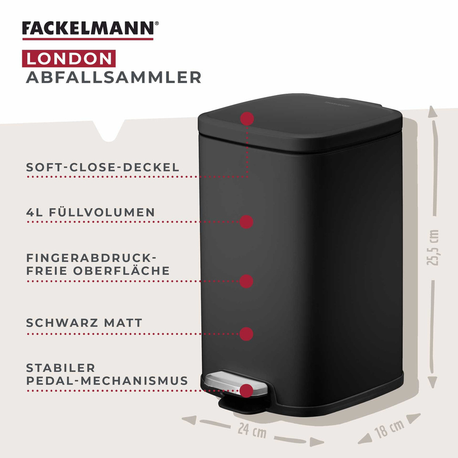 Fackelmann Tretmülleimer London, schwarz, 4l, mit Soft-Close und herausnehmbarem Inneneimer - Bild 3