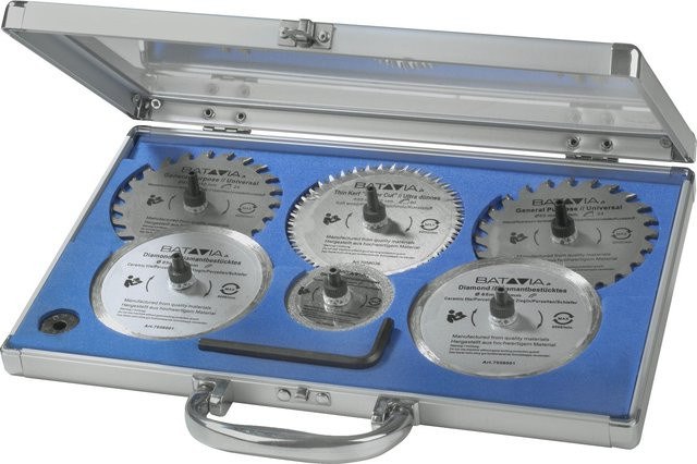 Batavia Sägeblatt-Set XXL für Kreissägen, 6-teilig, mit Carbide-Spitzen für Metall, Holz, Kunststoff und Stein, Silber, im Alu-Koffer - Bild 1