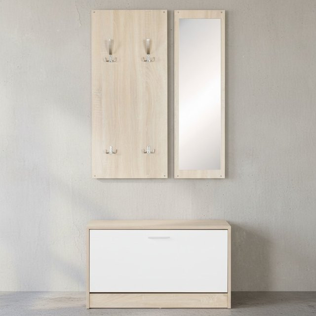 KADIMA DESIGN Wandgarderobe DELFT mit Spiegel in Weiß, inklusive 10 Metallhaken und Schuhablage, H x B x T: 180 x 80 x 27 cm - Bild 1