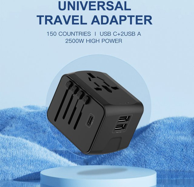 HKLAMIN Universeller Reiseadapter in Schwarz mit USB-C und USB-A Anschlüssen für Europa, Großbritannien, USA, Kanada und Australien - Bild 1