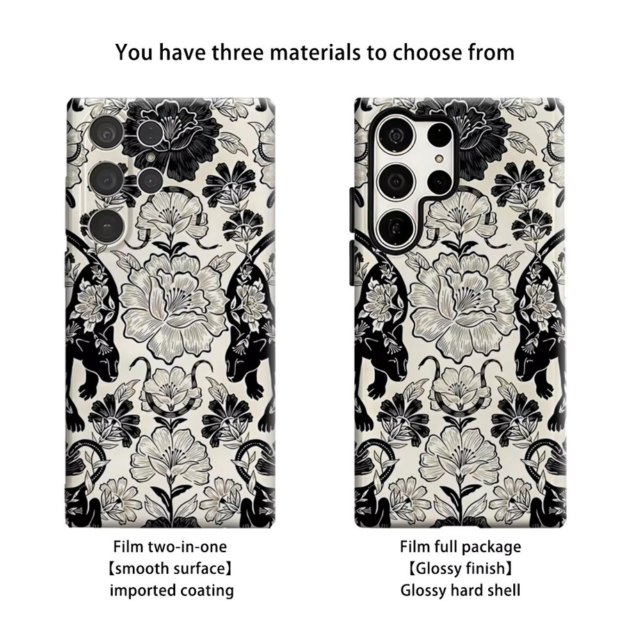 Glänzende Handyhülle mit schwarz-weißem floralem Tier-Design für Samsung Galaxy S25 Ultra, S24 und S23 Ultra Plus mit doppellagiger Rückseite - Bild 2