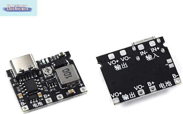 JETTING Lithium-Ionen-Ladegerät-Platine TP4056 mit USB-C Anschluss, 3,7V 4,2V 1A 5W, DC-DC Step-Up-Boost-Modul für 18650 Akkus, Schwarz - Bild 1