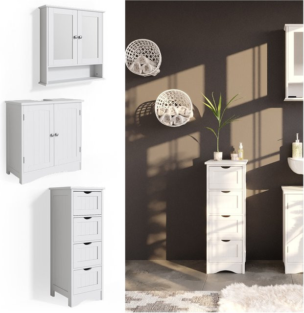 Vicco 3er Badmöbel Set Bianco in Weiß im Landhausstil bestehend aus Spiegelschrank Waschtischunterschrank und Badschrank - Bild 1