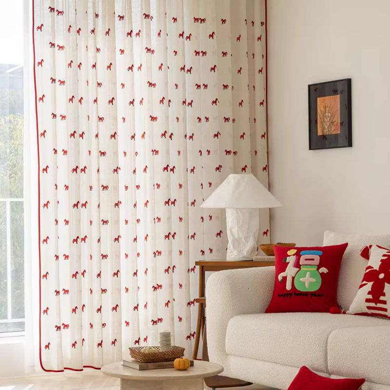 CENTURyMiG Transparenter Vorhang mit Pferdemotiv im Vintage-Stil, Beige/Weiß, B: 200 cm, H: 100 cm - Bild 2
