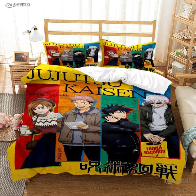 Jujutsu Kaisen Bettwäscheset mit Cartoon Anime Design, weiches Bettwäscheset aus Mikrofaser bestehend aus Bettbezug und Kissenbezug, Mehrfarbig, B/H: 210 x 210 cm - Bild 1