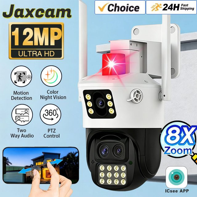 Jaxcam 6K 12MP HD WLAN-Außenkamera mit 8-fach Zoom, Drei Objektiven und Dual-Bildschirm, PTZ-Heimsicherheitskamera in Weiß - Bild 1
