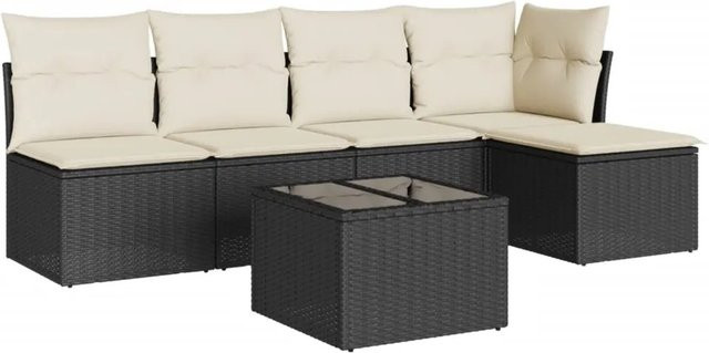 vidaXL 6-tlg Garten-Sofagarnitur in L-Form aus Polyrattan mit Kissen in Schwarz und Cremeweiß - Bild 1
