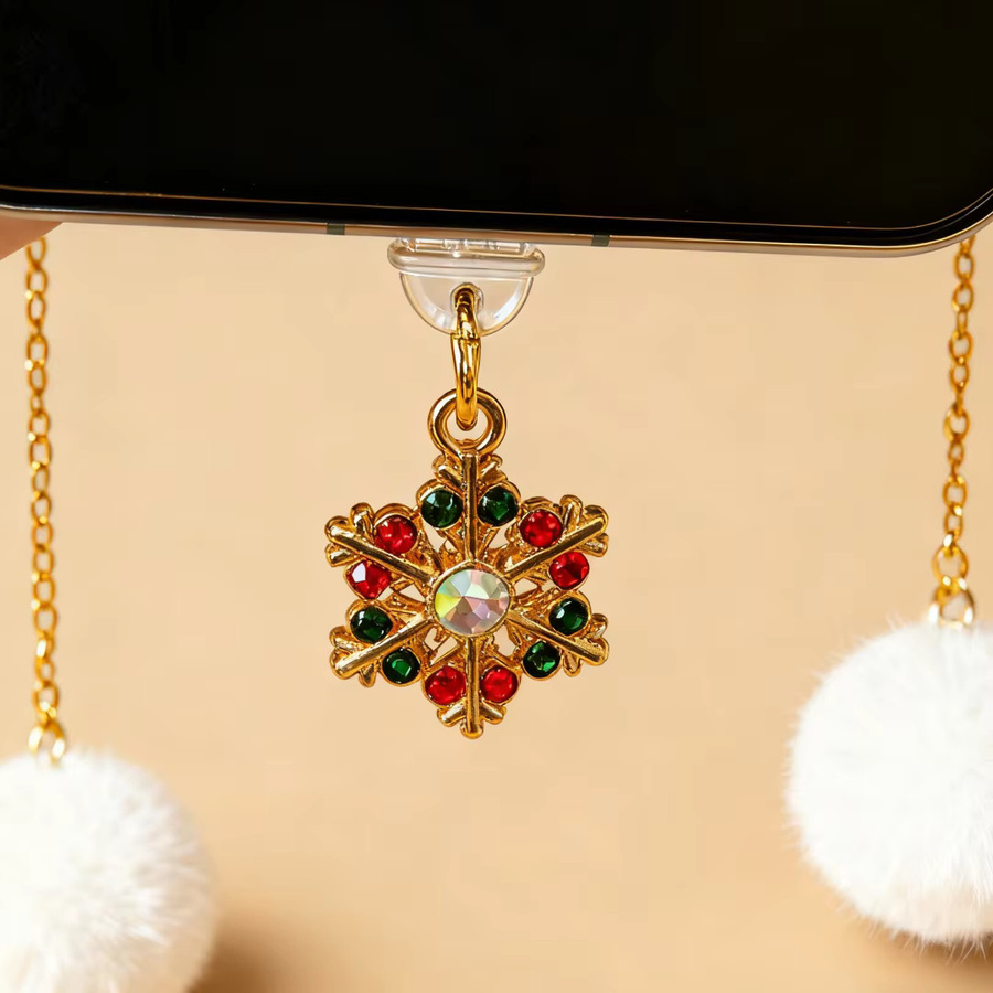 Kreativer Weihnachts-Schneeflocken-Staubstopfen und Telefonanhänger in Gold als dekoratives Accessoire für dein Mobiltelefon - Bild 2