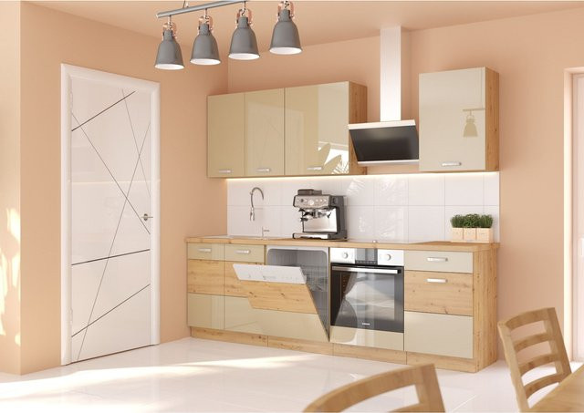 Küchenzeile Artisan in Cappuccino mit Eiche-Optik und Hochglanz-Finish, Breite: 250 cm - Bild 1