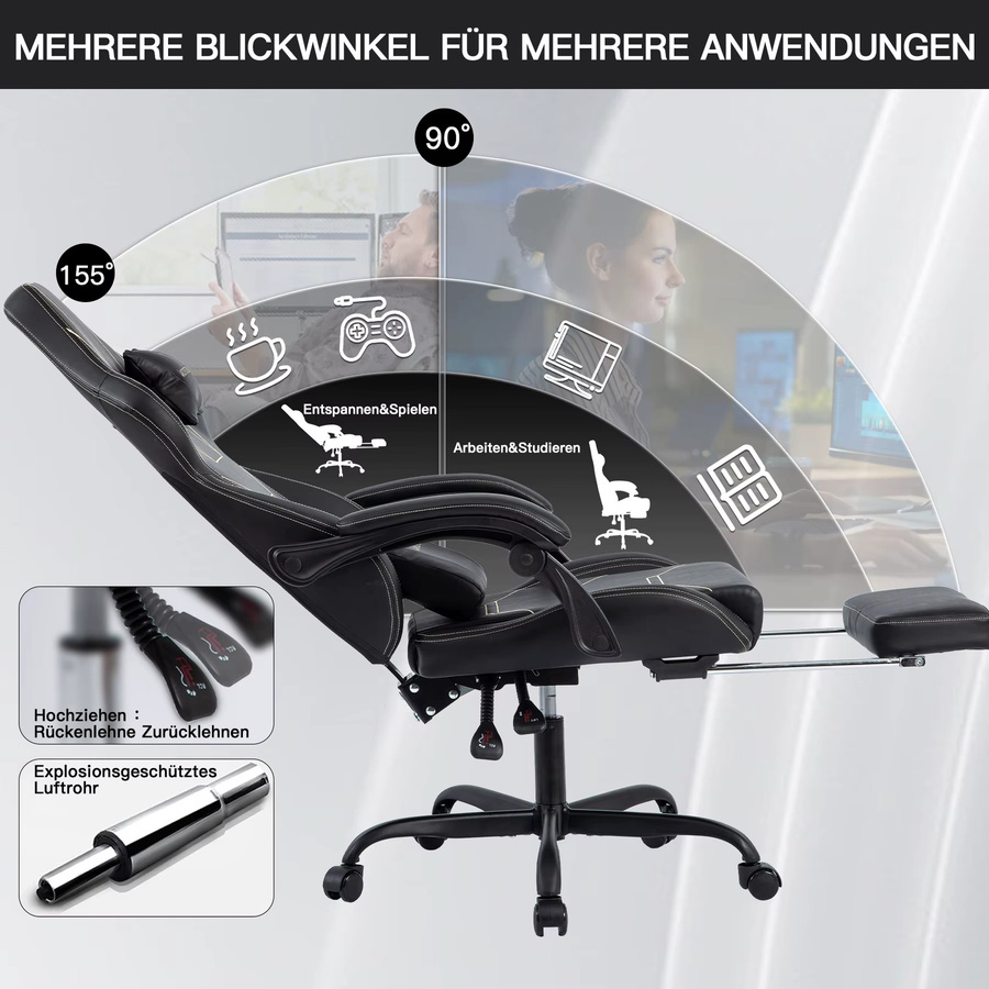 WOTSTA Gaming Chair Ergonomischer Racing Computerstuhl in Schwarz mit Fußstütze und Kopfstütze, gepolstert aus Kunstleder - Bild 3