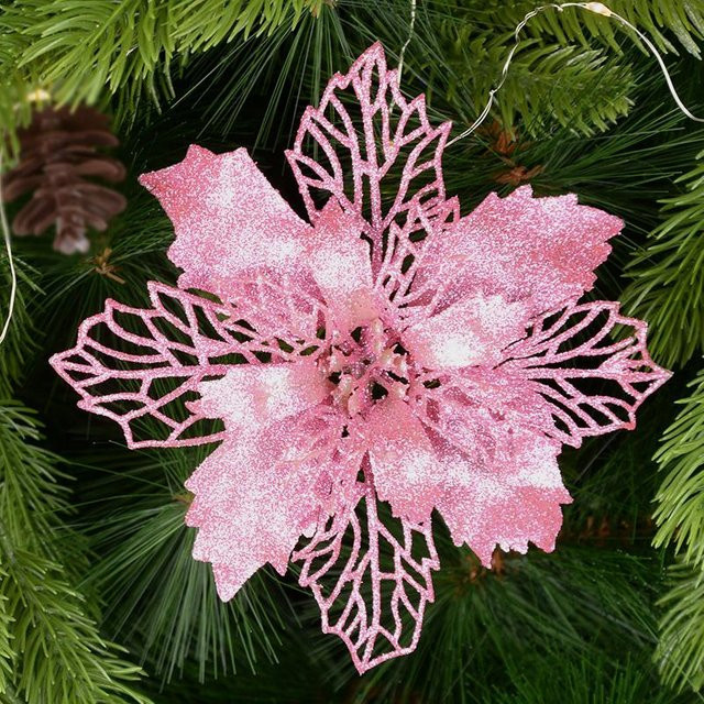 5 Stück Glitzer Künstliche Weihnachtsblumen von Houspace in Rosa als Weihnachtsbaumschmuck und Neujahrsdeko - Bild 1