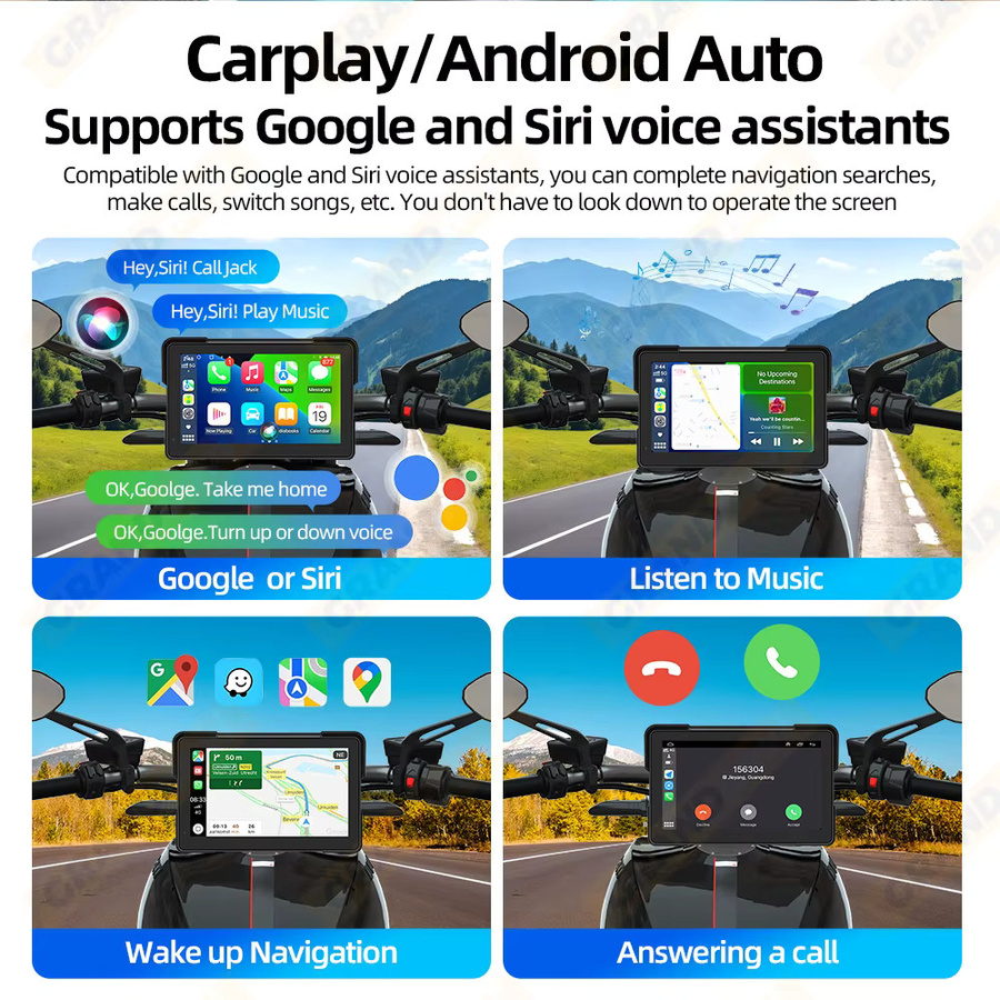 Grandnavi Tragbares Motorrad Display mit Android Auto und Apple CarPlay, Wasserdichter Bluetooth Monitor für Navigation, Schwarz - Bild 2