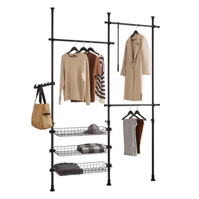 SoBuy FRG34 Regalsystem mit 3 Kleiderstangen und 3 Körben, verstellbares Teleskop-Garderobensystem aus Metall im Industrial-Design - Bild 2