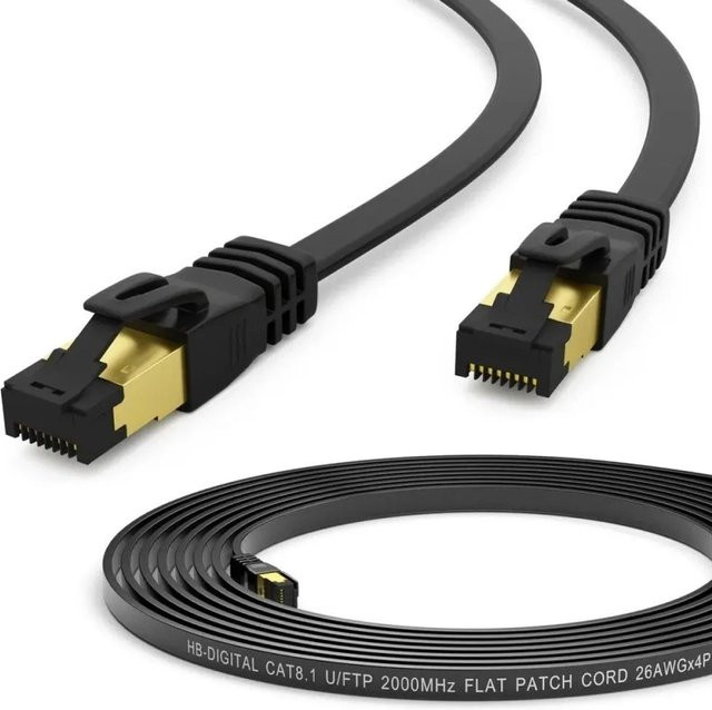 hb-digital LAN Kabel CAT 8.1 Flach Ethernet Kabel Schwarz 0,5 m - Bild 1