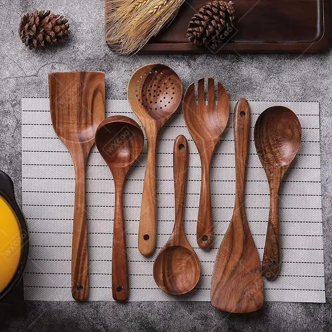 WXCOO Küchenlöffel-Set aus natürlichem Teakholz in Braun, ideal für antihaftbeschichtete Pfannen - Bild 2