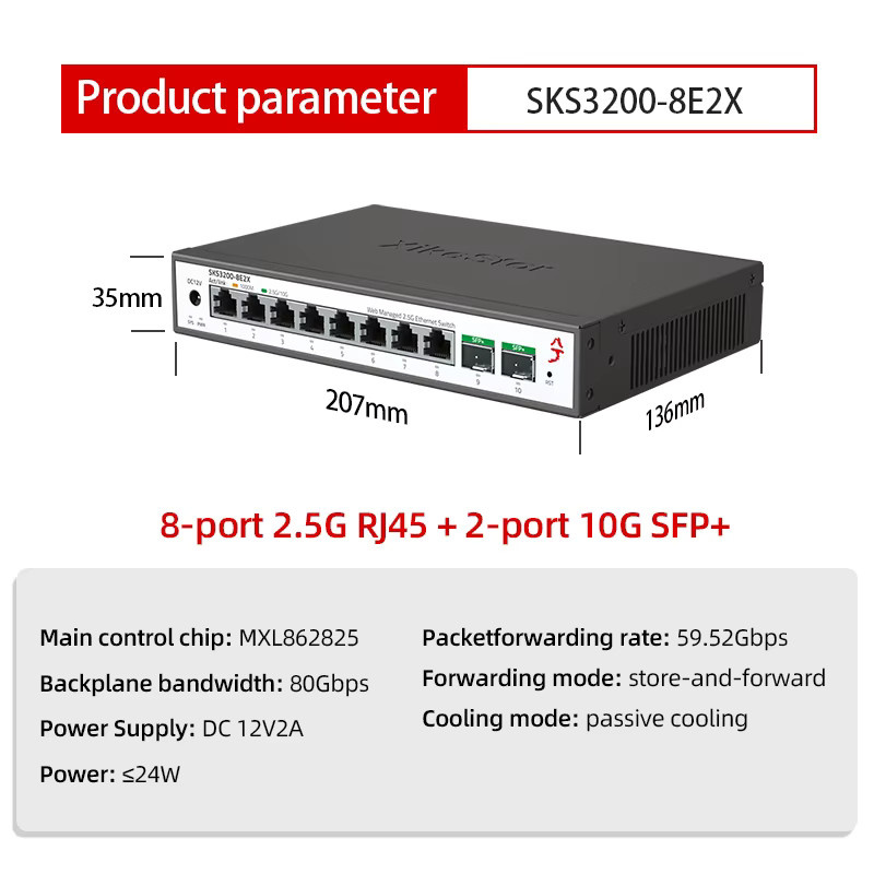 XikeStor Simple L2 Managed Ethernet Switch mit 8-Port 2,5G RJ45 und 2-Port 10G SFP in Schwarz - Bild 2