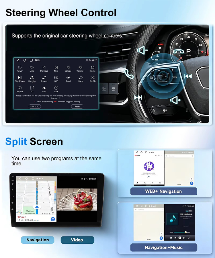 ESSGOO 9-Zoll Android 15 Autoradio für Smart Fortwo 451 (2011-2015) mit GPS-Navigation, Bluetooth, WLAN, Carplay und DAB in Schwarz - Bild 7