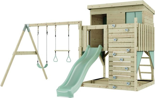 PolarPlay Spielturm Nils aus Holz mit Rutsche und Schaukel in Mintgrün - Bild 1