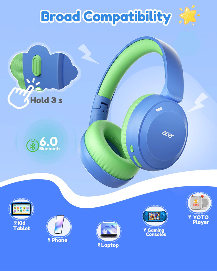 Acer Kinder Bluetooth 6.0 Over-Ear Kopfhörer mit Mikrofon und Lautstärkebegrenzung 85/94dB in Blau - Bild 3