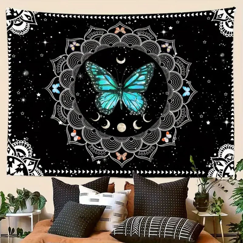VIKAMA Schmetterlings Wandteppich in Schwarz-Weiß-Blau, dekorativer Bohemian Wandbehang mit Schmetterlings-Motiv für Wohnzimmer und Schlafzimmer - Bild 2