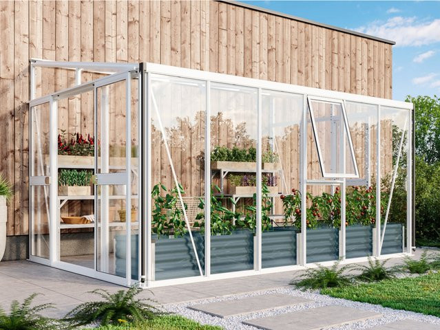 Vitavia Anlehn-Gewächshaus Helena 11900 in Weiß mit 11,9 m² Fläche, 3 mm ESG-Glas und 10 mm HKP - Bild 1