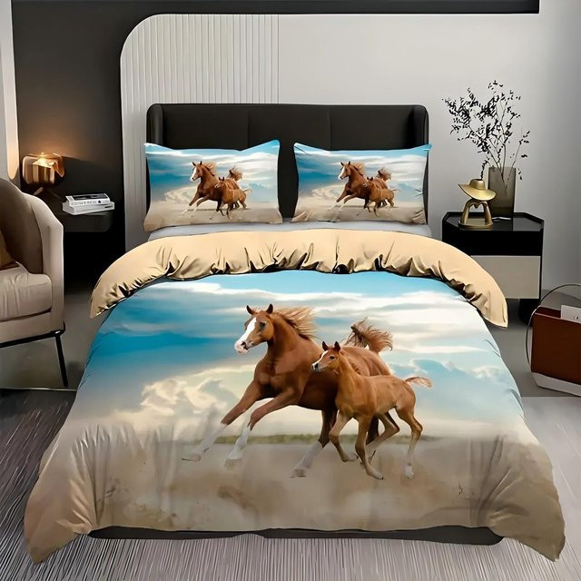 Bettwäscheset Wildpferd Wüste Naturlandschaft mit Bettbezug und Kissenbezügen, 3-teilig, EU Single, B: 135 cm, L: 200 cm - Bild 1