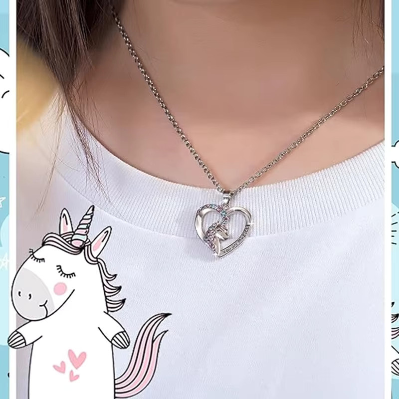 konminry Einhorn-Herz-Anhänger-Halskette, Silber, Kristall, Kinder - Bild 2