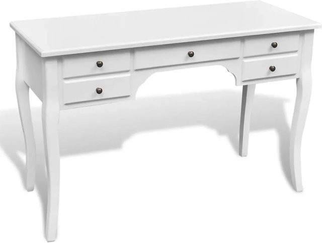 vidaXL Französischer Schreibtisch aus Kiefernholz mit 5 Schubladen in Weiß mit Retro-Optik B: 110 cm, T: 79 cm, H: 47 cm - Bild 1