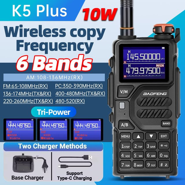 Baofeng K5Plus Triband Amateurfunk-Handfunkgerät in Schwarz mit 10W UHF/VHF und 999 Kanälen sowie 2500mAh Akku - Bild 1