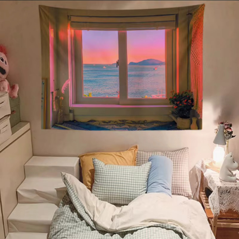 VIKAMA Wandteppich mit Meerblick und Sonnenuntergang, Ästhetischer Wandbehang aus Polyester in Multicolour, Breite: 40 cm, Höhe: 40 cm - Bild 1