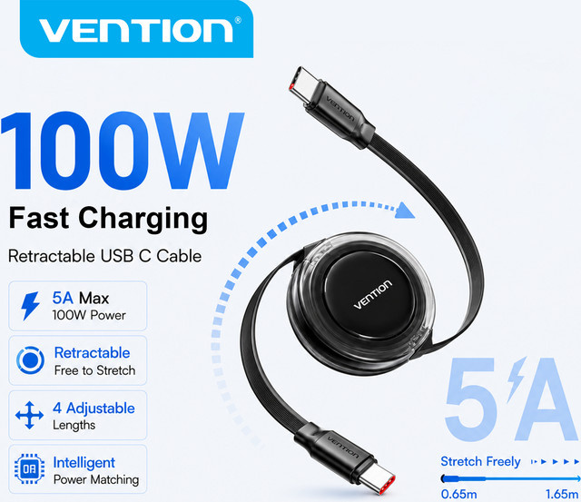 Vention 100W USB-C auf USB-C Schnellladekabel und Datenkabel, Schwarz - Bild 1